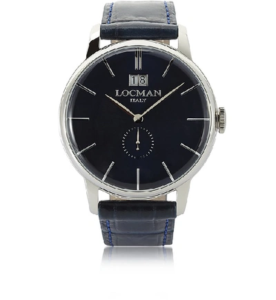 Shop Locman Designer Men's Watches 1960 Silver Stainless Steel Men's Watch W/dark Blue Croco Embossed Leather St In Bleu