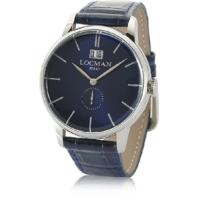 Shop Locman Designer Men's Watches 1960 Silver Stainless Steel Men's Watch W/dark Blue Croco Embossed Leather St In Bleu
