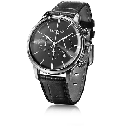 Shop Locman Designer Men's Watches 1960 Silver Stainless Steel Men's Chronograph Watch W/black Croco Embossed Le In Noir