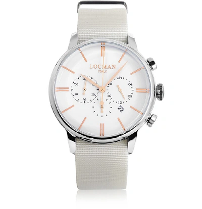 Shop Locman Designer Men's Watches 1960 Stainless Steel Men's Chronograph Watch W/white Canvas Strap In Blanc