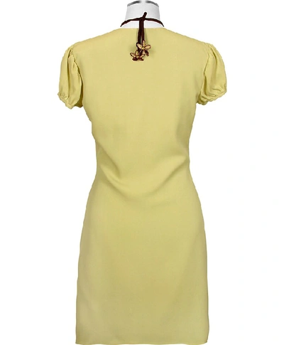 Shop Hafize Ozbudak Dresses & Jumpsuits Pistachio & Brown Trim Silk Short Sleeve Tunic In Yellow