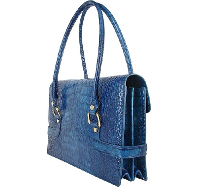 Shop L.a.p.a. L. A.p. A. Designer Handbags Indigo Blue Croco Stamped Italian Leather Shoulder Bag In Bleu