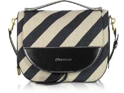 Shop Jw Anderson Handbags Black And Off White Striped Linen Moon Shoulder Bag In Black,white