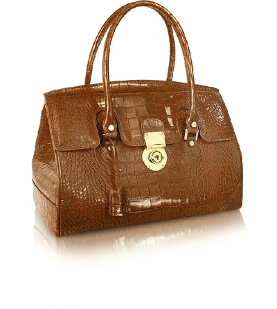 Shop L.a.p.a. L. A.p. A. Designer Handbags Camel Croco Stamped Genuine Leather Satchel Bag In Marron