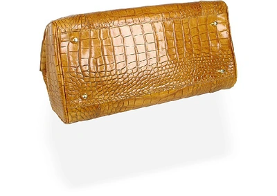 Shop L.a.p.a. L. A.p. A. Designer Handbags Camel Croco Stamped Genuine Leather Satchel Bag In Marron