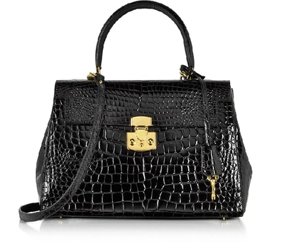 Shop Fontanelli Designer Handbags Shiny Black Croco-style Leather Handbag In Noir