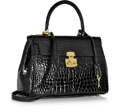 Shop Fontanelli Designer Handbags Shiny Black Croco-style Leather Handbag In Noir