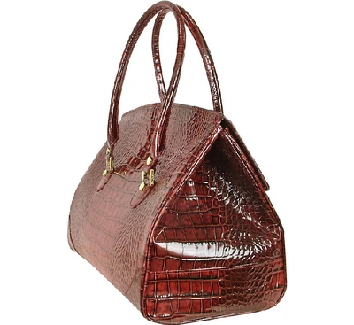 Shop L.a.p.a. L. A.p. A. Designer Handbags Ruby Red Croco Stamped Patent Leather Satchel Bag In Rouge