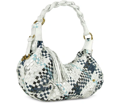 Shop Fontanelli Handbags Blue & White Woven Leather East/west Hobo Bag