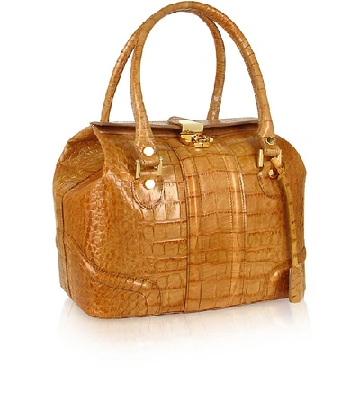 Shop L.a.p.a. L. A.p. A. Designer Handbags Sand Croco Stamped Italian Leather Tote Bag In Marron