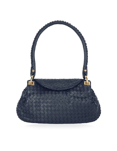Shop Fontanelli Handbags Dark Blue Woven Italian Leather Flap Shoulder Bag