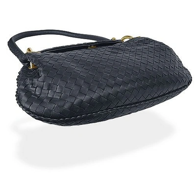 Shop Fontanelli Handbags Dark Blue Woven Italian Leather Flap Shoulder Bag