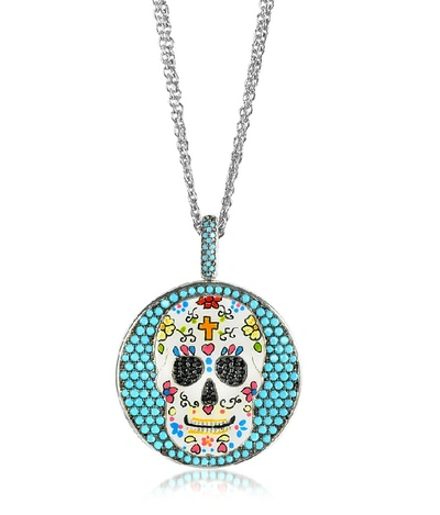 Shop Gucci Designer Necklaces Calavera Skull Charm Rhodium Plated Sterling Silver Pendant Necklace In Bleu
