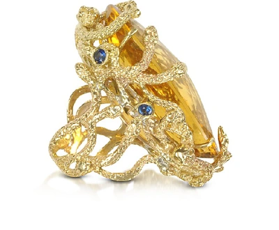 Shop Bernard Delettrez Designer Rings Medusa Gold And Citrine Ring In Orange