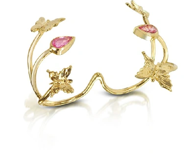 Shop Bernard Delettrez Designer Rings Butterfly And Pink Sapphires Gold 2 Fingers Ring In Rose