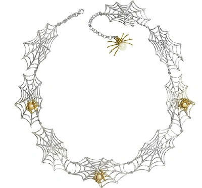 Shop Bernard Delettrez Designer Necklaces Bronze Spiders On Silver Web Necklace In Argenté