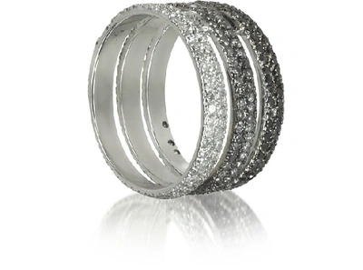 Shop Bernard Delettrez Designer Rings Triple Band 18k White Gold Ring W/white, Grey And Black Diamonds In Blanc