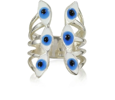 Shop Bernard Delettrez Designer Rings Sterling Silver Ring W/6 Blue Eyes In Argenté