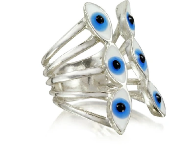 Shop Bernard Delettrez Designer Rings Sterling Silver Ring W/6 Blue Eyes In Argenté