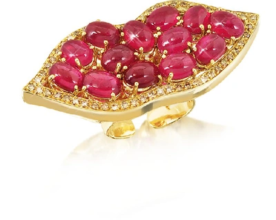 Shop Bernard Delettrez Designer Rings Big Mouth W/cabochon Rubies Gold Ring In Rouge