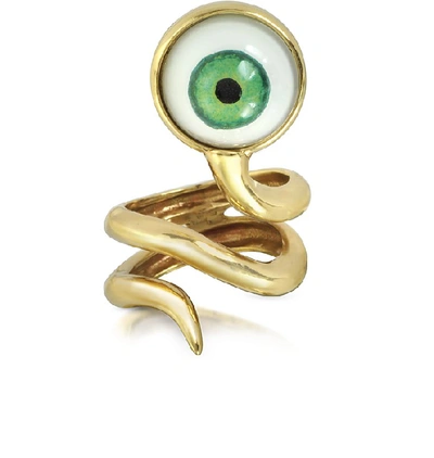Shop Bernard Delettrez Designer Rings Bronze Snake Ring With Eye In Vert
