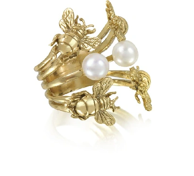 Shop Bernard Delettrez Designer Rings Bees And Pearls Bronze Ring In Doré