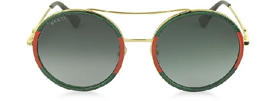 Shop Gucci Sunglasses Gg0061s Acetate And Gold Metal Round Aviator Women's Sunglasses In Red,green,shaded Green