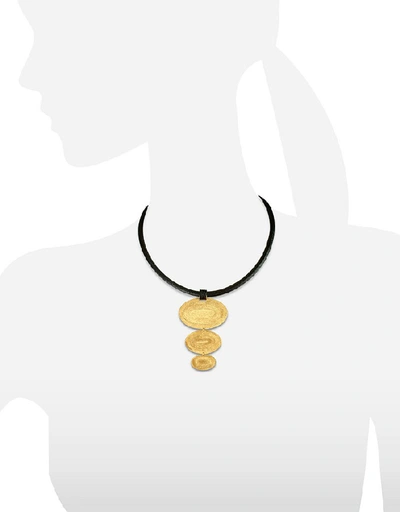 Shop Stefano Patriarchi Designer Necklaces Golden Silver Etched Triple Oval Pendant W/leather Lace