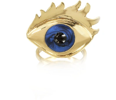 Shop Bernard Delettrez Designer Rings Blue Enamel Eye Bronze Ring In Doré