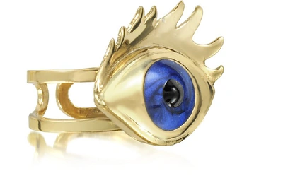Shop Bernard Delettrez Designer Rings Blue Enamel Eye Bronze Ring In Doré