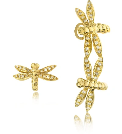 Shop Bernard Delettrez Designer Earrings Dragonflies 18k Gold Earrings W/diamonds In Doré