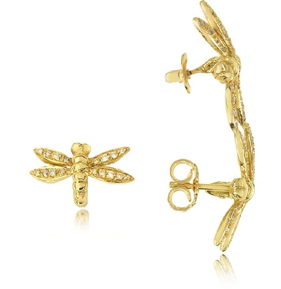 Shop Bernard Delettrez Designer Earrings Dragonflies 18k Gold Earrings W/diamonds In Doré