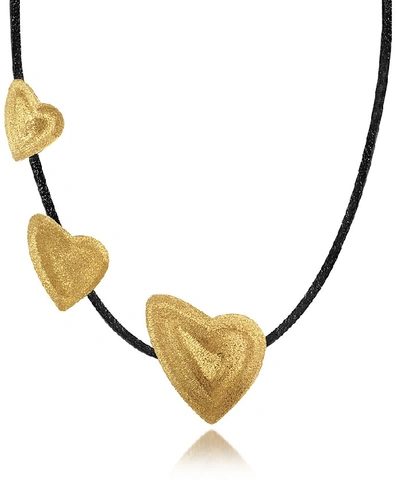 Shop Stefano Patriarchi Designer Necklaces Etched Golden Silver Triple Heart Choker W/ Leather Lace