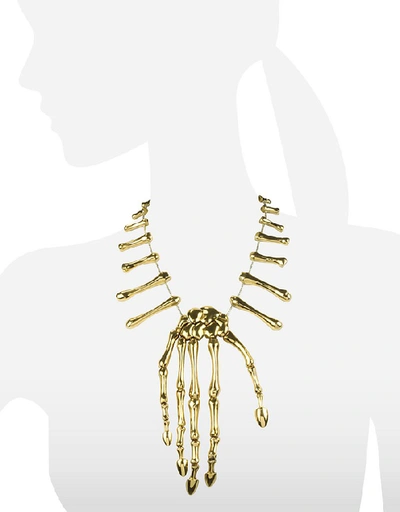 Shop Bernard Delettrez Designer Necklaces Bronze Skeleton Hand Necklace In Doré