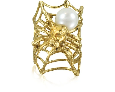 Shop Bernard Delettrez Designer Rings Web And Spyder Bronze Ring W/pearl In Doré