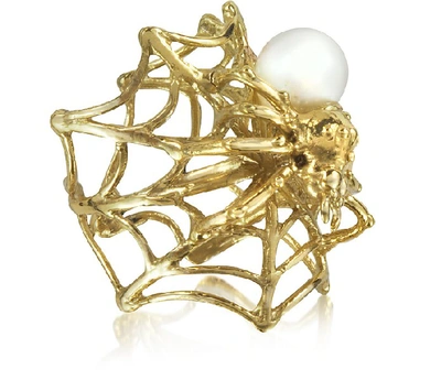 Shop Bernard Delettrez Designer Rings Web And Spyder Bronze Ring W/pearl In Doré