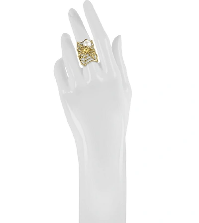 Shop Bernard Delettrez Designer Rings Web And Spyder Bronze Ring W/pearl In Doré