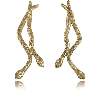 Shop Bernard Delettrez Designer Earrings Snakes Bronze Earrings In Doré