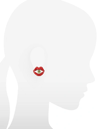 Shop Bernard Delettrez Designer Earrings Red Enamel Bronze Mouth Earrings W/eye In Rouge