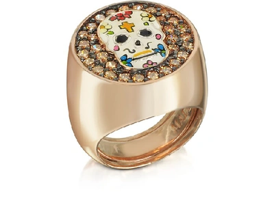 Shop Gucci Designer Rings Calavera Skull Rhodium Plated Sterling Silver Adjustable Ring W/cubic Zirconia In Rose
