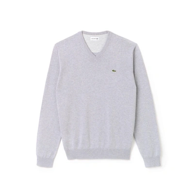Shop Lacoste Men's V-neck Caviar Piqué Accent Cotton Jersey Sweater In Grey / White / Grey Chine
