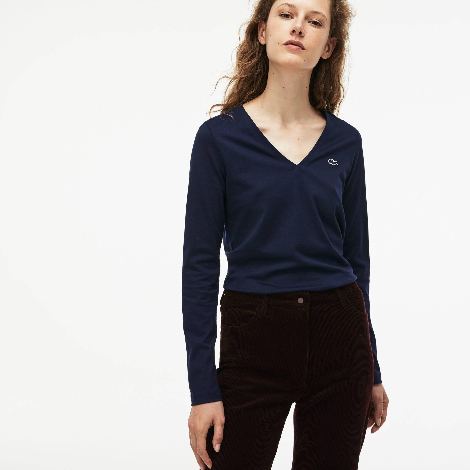 Lacoste Women's Vneck Flowing Cotton Jersey Tshirt In Navy Blue