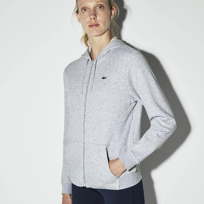 Shop Lacoste Women's Sport Tennis Hooded Zippered Fleece Sweatshirt In Grey Chine / Orange