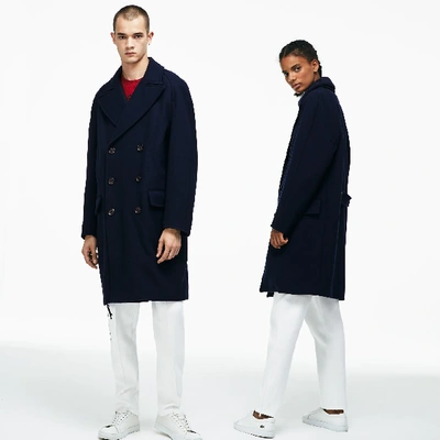 Shop Lacoste Unisex Live Wool Broadcloth Buttoned Pea Coat In Blue