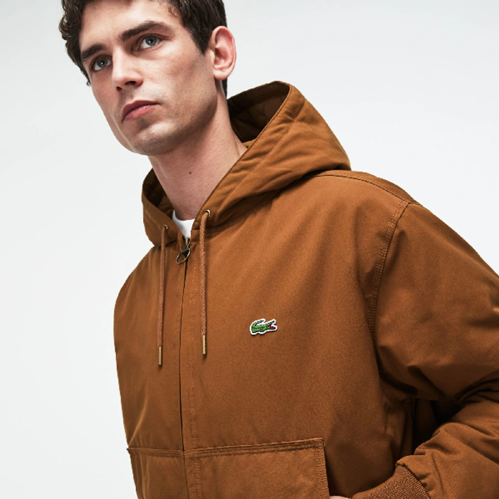 Lacoste Men s Short Hooded Zippered Quilted Cotton Twill Jacket In Brown ModeSens