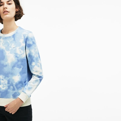 Shop Lacoste Women's Live Crew Neck Cloud Print Fleece Sweatshirt In White / Light Blue