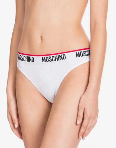 Shop Moschino Microfiber Thong With Logo In White