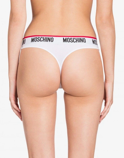 Shop Moschino Microfiber Thong With Logo In White