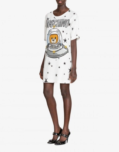 Shop Moschino Short Satin Dress With Ufo Teddy Print