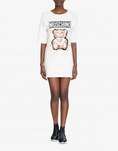 Shop Moschino Short Dress In Cotton With Safety Pin Teddy Print